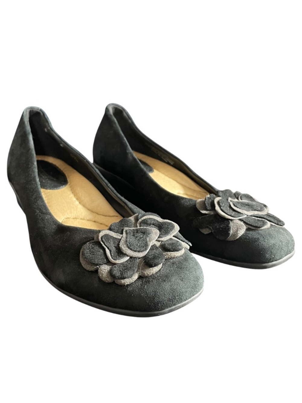 Suede leather floral flats 8.5 earth appliqué black gray comfort shoe wedge boho